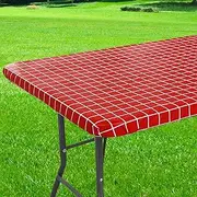 Spotjoy Rectangle Vinyl Table Cloth 24x48, Waterproof Elastic Fitted Tablecloth with Flannel Backing, Plastic Table Cover for Picnic, Camping, Outdoor, Red