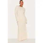 Plus Cream Crinkle Textured Lettuce Hem Long Sleeve Maxi Dress, Cream