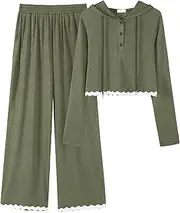 Onfers Two Piece Sets for Women Casual Lounge Sets Cropped Half Button Hoodie Top Wide Leg Pants Ribbed Knit Tracksuit