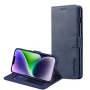 For Apple iPhone 14 Plus Case RFID Blocking Retro Flip Premium Leather Card Holder Wallet Cover – (Navy Blue)
