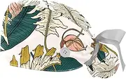 [WOSHJIUK] Working Hat 2 Pack Scrub Caps for Women,Tropical Flower Garden Leaves,Tie Back Cap Adjustable Scrub Hat