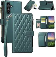 [Boyobacase] for Samsung Galaxy A54 5G Wallet Case,for Galaxy A54 5G Case, PU Leather Wallet Flip Cover Stand Feature[6 Card Slots] [1 Zipper Coin Pocket] with Wrist Strap-Green