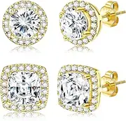[Sanfenly] 18K Gold Plated Halo Stud Earrings 925 Sterling Silver Cubic Zirconia Stud Earrings Round Square Diamonique Stud Earring Set for Women Men