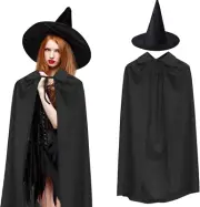 2Pcs Halloween Hooded Cloak Witches Hat Adult, 140Cm Halloween Black Hooded C...