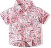[PIROIT] Baby Boys Casual Hawaiian Shirts Cotton Print Button Down Short Sleeve Shirt for Holiday, Pink Coconut Tree, 1 Years
