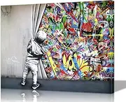 Banksy Canvas Wall Art Graffiti Wall Art Behind The Curtain Picture - 24x36 Inches Built-in Wooden Frame, Lightweight & Ready to Hang, Urban Street Art for Office, Bedroom, Living Room Decor