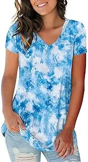[Zylphorix] Women Tie Dyed V-Neck Short Sleeved T-Shirt Casual Color Gradient Tee Tops Loose Tie-Dye Split Hem Blouses Tee