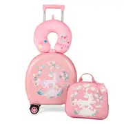 Costway 4PCS Luggage Set Rolling Backpack Travel Suitcase Carry On Bag w/Neck Pillow Baggage Pink