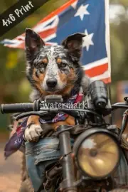 Australian Cattle Dog on a bike with a flag riding throu 4x6 Print