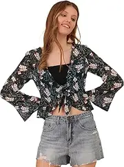 [Allegra K] Women's Floral Semi Sheer Chiffon Crop Tops Tie Front Elegant Bolero Shrug Top