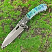 8''New Fast Opening Shell Handle VG10 Damascus Blade Pocket Folding Knife VTF108