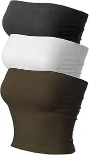 [MixMatchy] Women's 3 Pack Tube Tops Ruched Side Double Layered Tube Top with Cotton Shelf Bra, 3pack - Black/White/Dark Olive, Medium