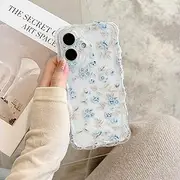 UEEBAI Cute Clear Case for iPhone 16 6.1 inch, Wavy Flower Case Pretty Lightweight Cute Curly Clear Case Stylish Soft Phone Case Shock-Proof Pretty Clear Cover for Women and Girl - Blue