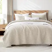 WDCOZY Beige Oversized King Size Quilt Set, Muslin Cotton Shell Down-Alt Poly Filling, California Cal King Shabby Chic Rustic Farmhouse Country Bedspread, Textured Gauze Coverlet Bedding, 2 Shams