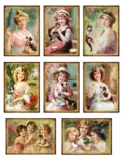 Vintage Image Grunge Victorian Girls Pets Tag Labels Waterslide Decals KID648