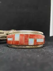 Zuni Inlay orange spiny oyster shell & white fire opal sterling silver Bracelet