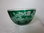 Rare Ajka Emerald Green Crystal Large Centerpiece Bowl Flowers Trees Bird NIB