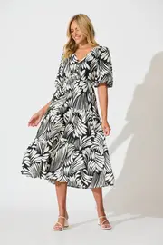 Baltimore Midi Dress Short Sleeve in Black with Cream Leaf Print 8