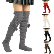 Winter Cable Knitted Thigh High Socks with Furry Balls Embellishment for Women