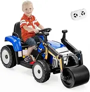 HONEY JOY Ride on Car, 12V Road Roller with Remote Control, Battery Powered Electric Tractor w/Adjustable Drum Roller, LED Lights, Music, USB, Wireless Connection, Electric Car for Kids (Blue)
