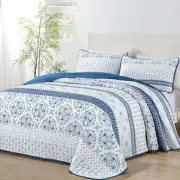 Boho Quilt Set King Size, Blue Bohemian Striped Patchwork Bedspread Coverlet