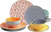 [LEHAHA] 12 Pieces Ceramic Dinnerware Sets, Porcelain Round Dinner Set for 4, Microwave and Dishwasher Safe Plates and Bowls Dishes Sets, Kitchen Dinner Dinning Ware Set, Assorted Colors