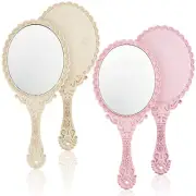 2 Pieces Vintage Handheld Mirror Portable Embossed Flower Mirror Hand Held Decor