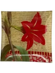 Decorative Plate By Mudlark 5" Glass Red Amaryllis Greens Black Display Box