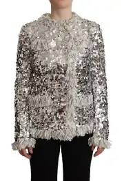 Dolce&Gabbana Women Silver Jacket 100% Nylon Sequined Shearling Coat Sz IT 40 S