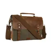 Handmade Waxed Canvas & Leather Satchel Messenger Bag - Army Green/Brown