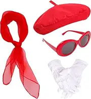 5 Pcs French Red Beret Hat Set Women Girls Costume Accessories Including Beret Hat Sunglasses Scarf Gloves for Halloween