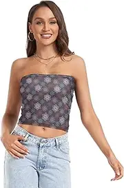 [GuoChe] Sexy Crop Tops for Women Merry Christmas Snowflakes Comfy Cleavage Cover Up Top Without Straps for Teen Girls Gym