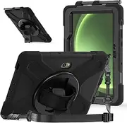 Tablet Case for Samsung Galaxy Tab Active 5 Pro 10.1 inch (2025), 360° Rotating Hand Strap and Stand, Heavy Duty Rugged Shockproof Silicone Cover with Shoulder Strap (Black)