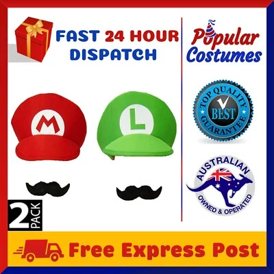 2 Pack Super Mario Luigi Brothers Adult Mens Kids Boys Cap Costume Hat Moustache