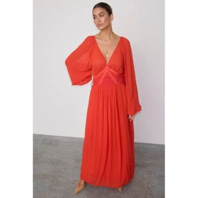 Never Fully Dressed Reign Dress Red Orange Boho Buff Sleeves V-Neck NWT Sz 8P