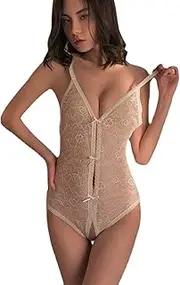 [JINZIJINYU] Women Sexy Lingerie Bodysuit Lace Transparent Sexy Bodysuit Deep V Temptation Open Crotch Free Suit Sexy Dew Breasts
