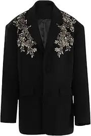 [Bciopll] Women Black Sequins Flower Big Size Casual Blazer Lapel Long Sleeve Suit Jacket