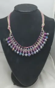 Ali khan amethyst glass bead bib necklace with chain suede back & gift box NWT