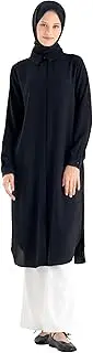 [Tuğba] Long Tunic for Muslim Women – Modest Hidden Button Shirt, Elegant Loose Fit Blouse, Hijab-Friendly Muslim Clothing,Black, Black, 16-18