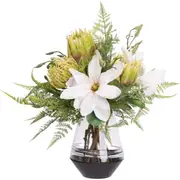 50cm Magnolia & Protea Arrangement in Glass Vase Artificial Plant Flower Tree Fake