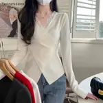 法式上衣蕾絲V領拼接交叉修身百搭CHIC KNITWEAR蘋果9.5