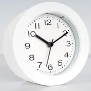 AROMUSTIME 3-Inches Round Wooden Alarm Clock with Arabic Numerals, Non-Ticking Silent, Backlight, Battery Operated, White