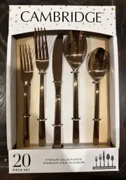 CAMBRIDGE Titanium Color Plated SS Flatware Jericho PVD Copper 20 Piece Set NEW