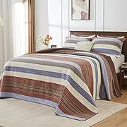 SahSahCasa 100% Cotton 120"x120" Oversized California King Bedspread Coverlet Quilt Set, Cal King Quilted Striped Bedspread Extra Large Reversible XL Bed Spread Lightweight Comforter, Brown