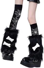 [Oxtxuzdm] Subcultures Skeleton Bone Plush Furry Leg Warmer for Women Fuzzy Boot Covers Gaiters with Velvets Thigh High Socks Set