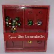 5 Piece Wine Accessories Set, Christmas Bells, 4 Glass Charms, 1 Stopper
