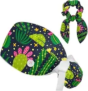 [FVQL] Pack of 2 Surgical Cap with Hair Scrunchies, Ponytail Scrub Cap, Floral Pattern Plant