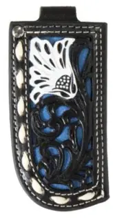 Nocona Knife Sheath Leather Buck Lace Pierced Blue Underlay Floral Black 1806227