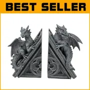 Fantasy Dragon Bookends - Sculpted Grey Polyresin Statues for Book Storage
