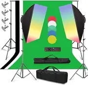 Photo Studio Softbox Lighting Kit 2x55W Dimmable LED Continuous Light Studio Equipment with Color Filter+Adjustable 2x3M Background Stand+3X 2mx3m Non Woven Backdrops Screen+4 Clamps+Remote+Carry Bag